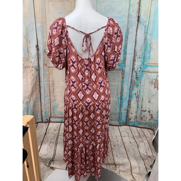 Knox Rose Womans M Cognac Midi Dress Balloon Sleeves Rayon Pockets NEW - Picture 9 of 10